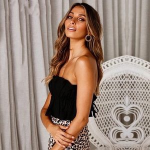 Strapless ruffle crop ruched tube top cotton black